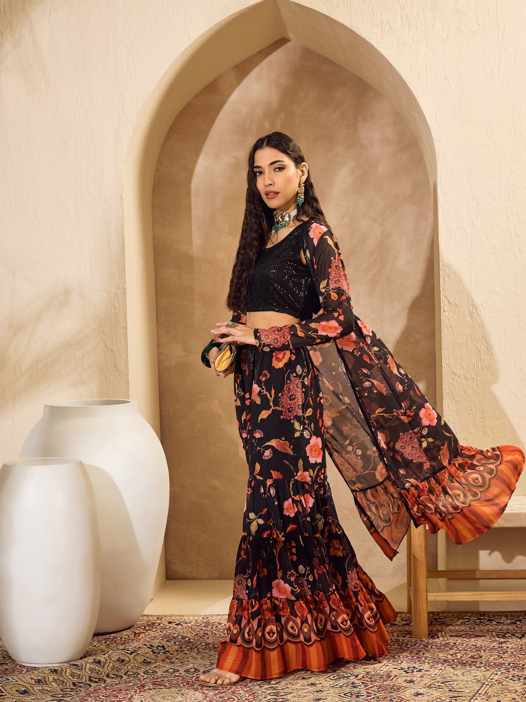 Women's Black Sequins Crop Top With Floral Sharara And Shr