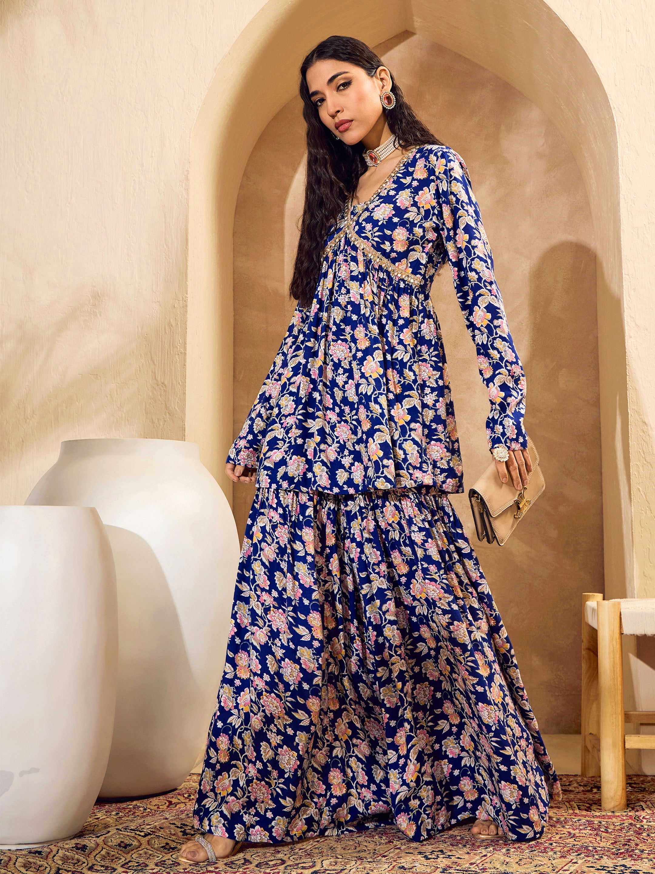 Women's Blue Floral Cambric Peplum Top With Sharara Pan