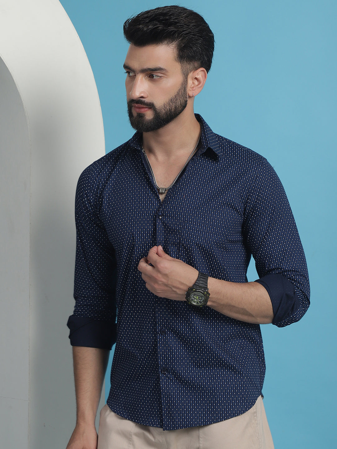 Men's Navy Blue Geometric Printed Cotton Casual Shirt