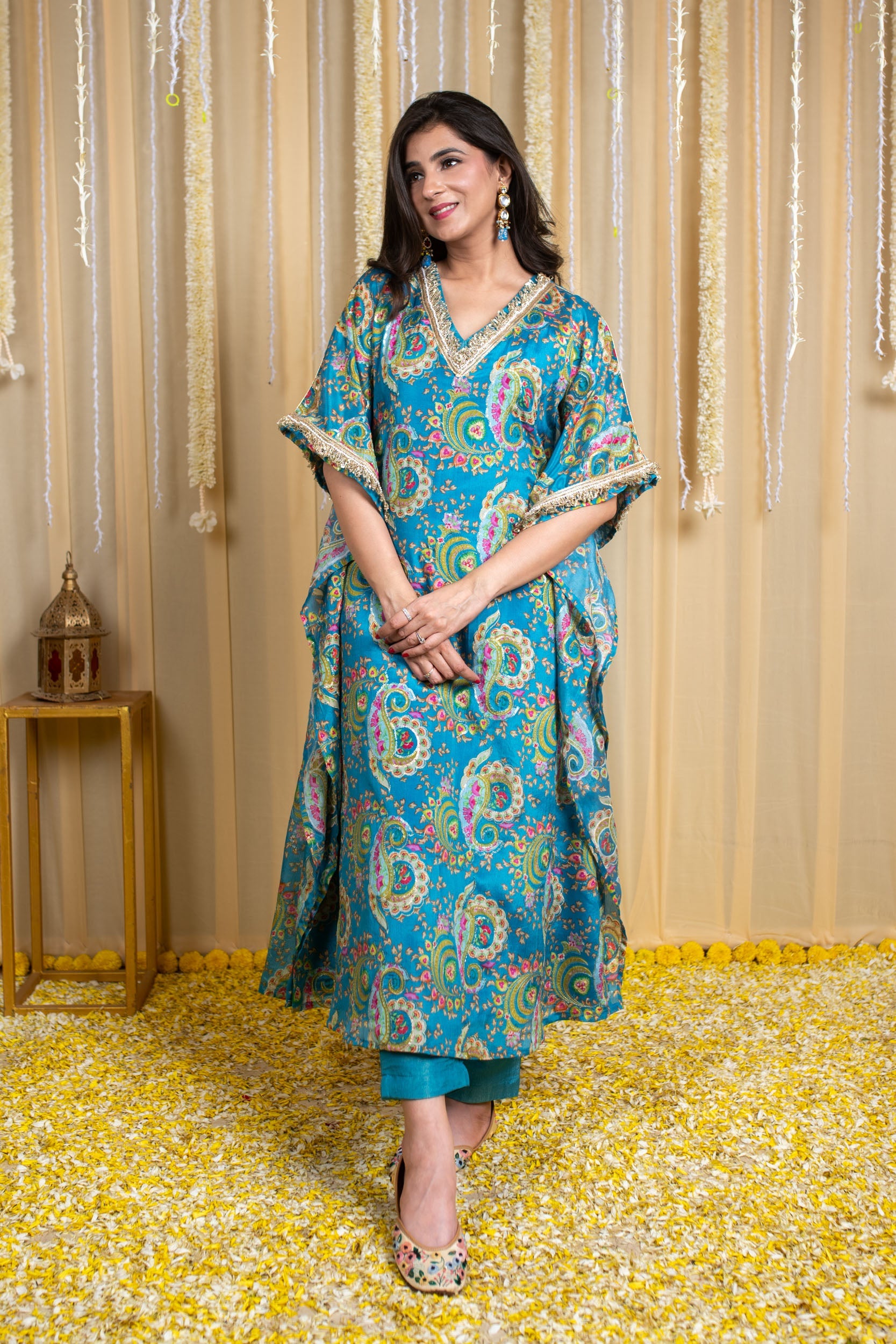 Women's Turquoise Blue Floral Embroidered Kaftan Set