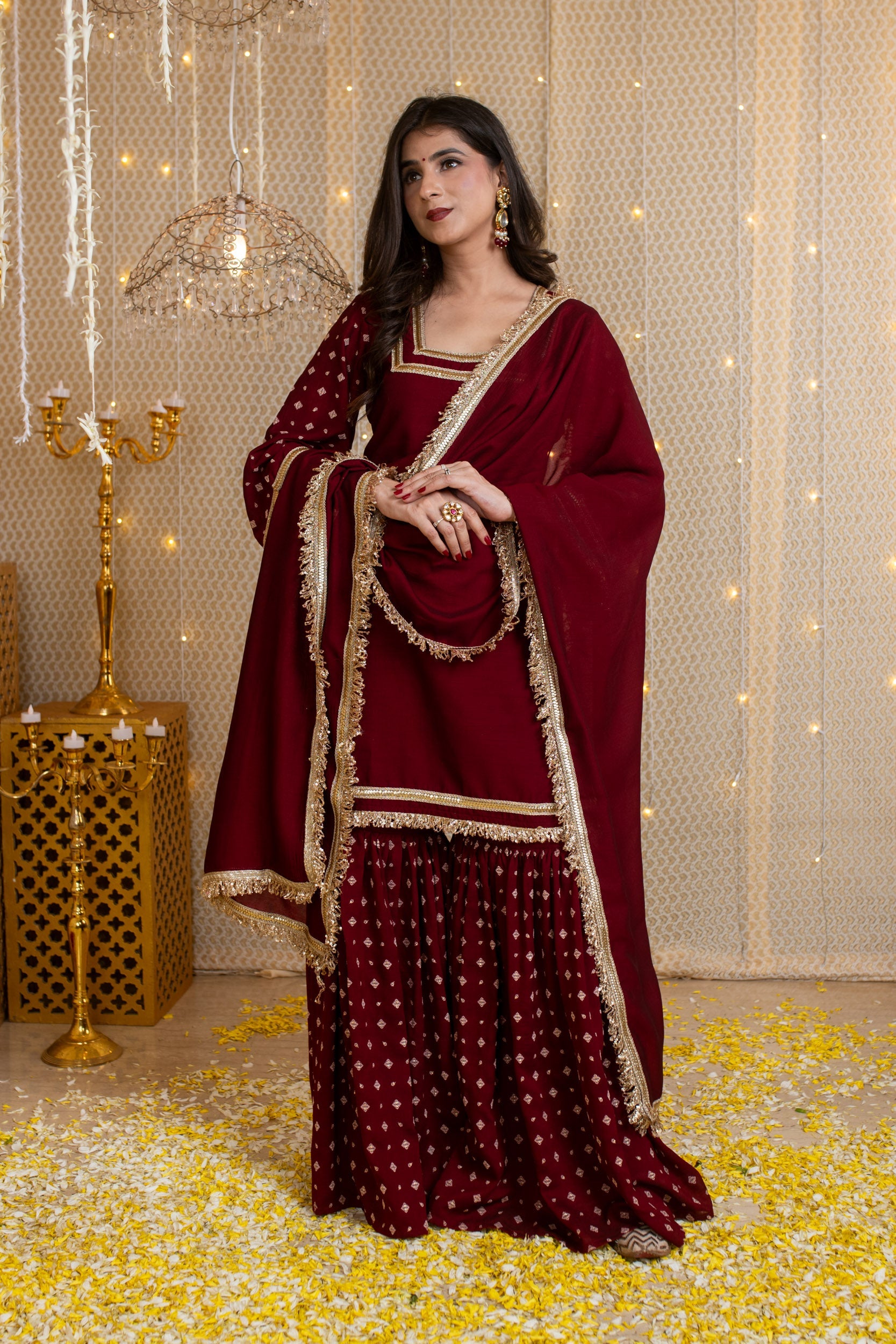 Women's Maroon Short Kurta & Sharara With Rubberâ Foilâ Work