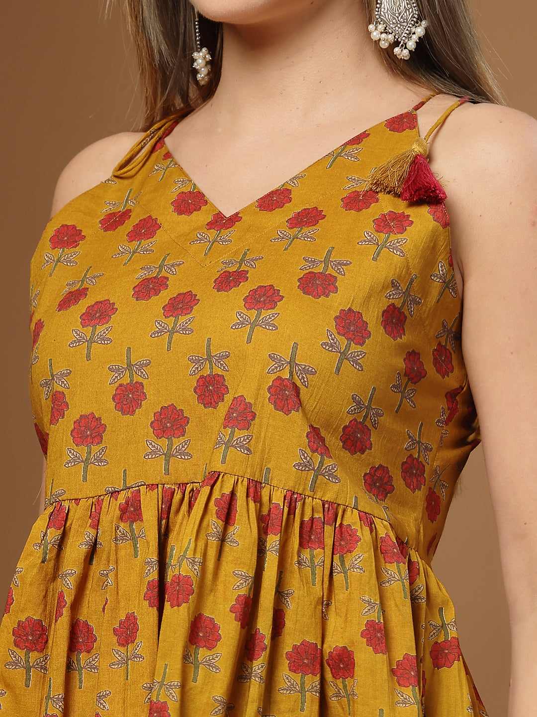 Women's Mustard Floral Printed Cotton Empire Top