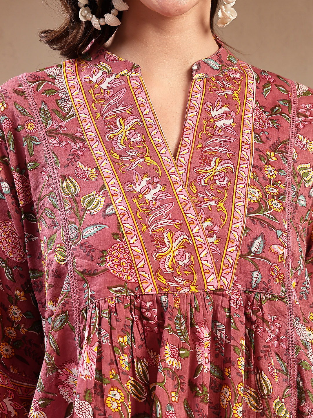 Women's Pink Floral Printed Cotton Empire Top