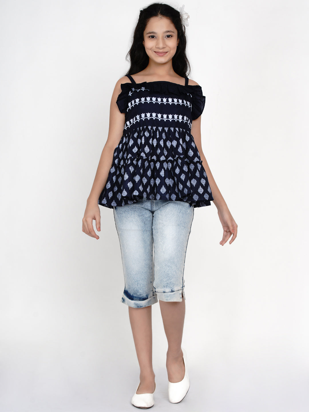 Girl's Blue & White Printed Top