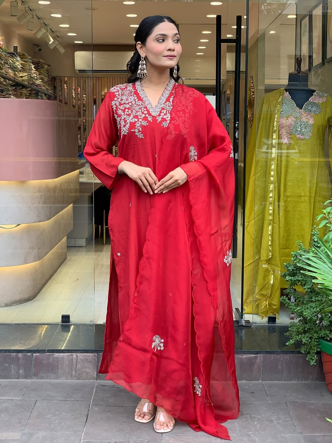 Women's Red Embroidered Kurta With Pant And Duppata Set