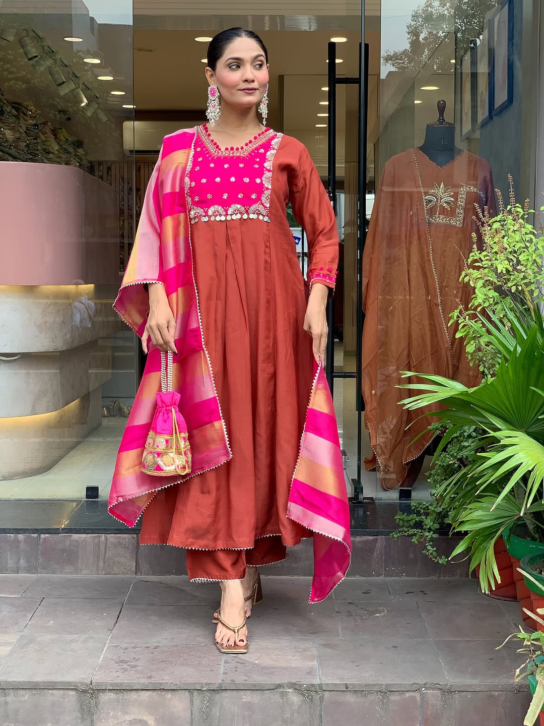 Women's Rust Embroidered Kurta With Pant And Duppata Set