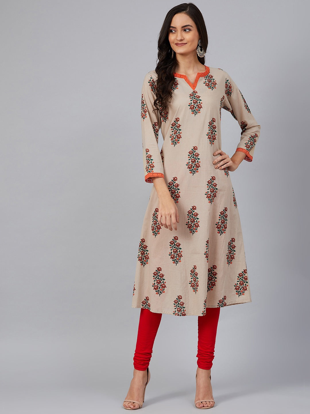 Women's Beige Cotton Printed Kurta