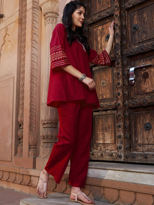 Women's Red Viscose Rayon Solid With Sleeve Embroidery Co-Ord Set