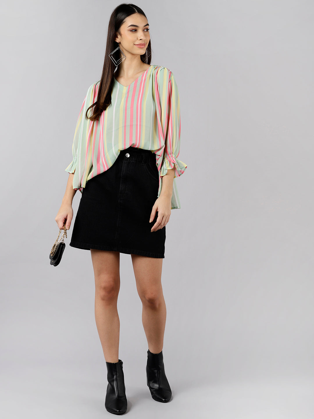 Women's Sea Green Georgette Vertical Stripes Printed Top