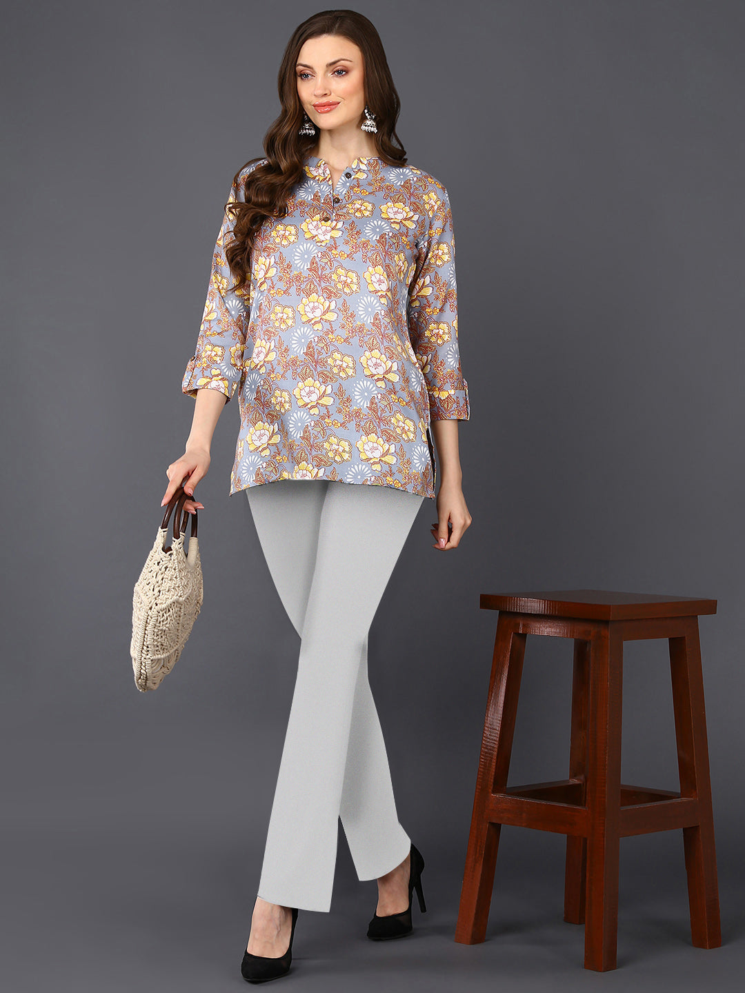 Women's Grey Cotton Blend Floral Printed Top