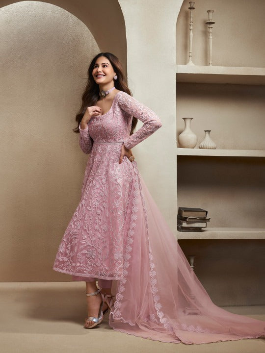 Women's Dusty Rose Pink Net& Inner - Crepe Embroidered Anarkali Set