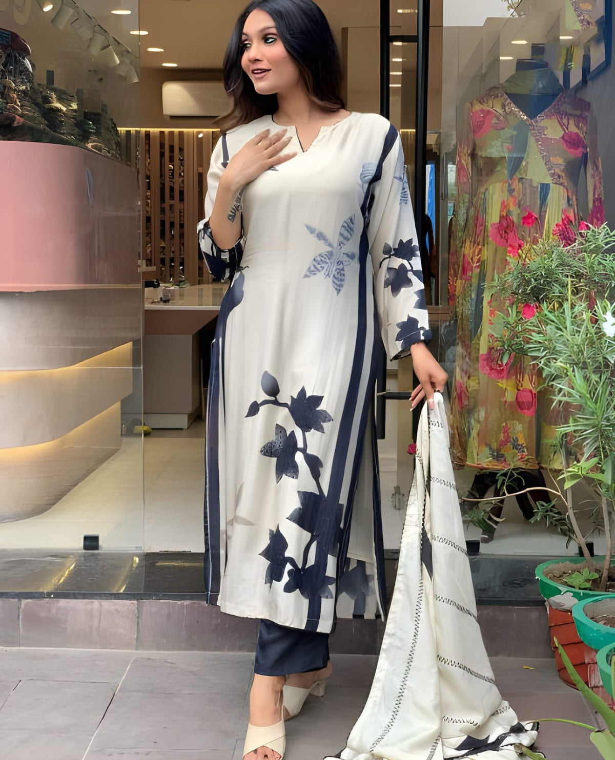 Women's Off White Muslin Embroidery Kurta Set