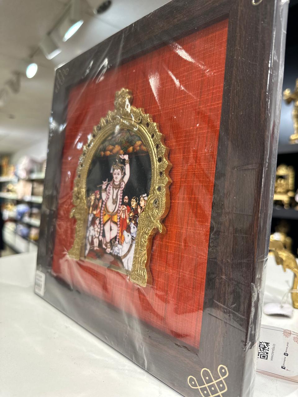 Krishna silk frame with tanjore digital art & brass prabhavali