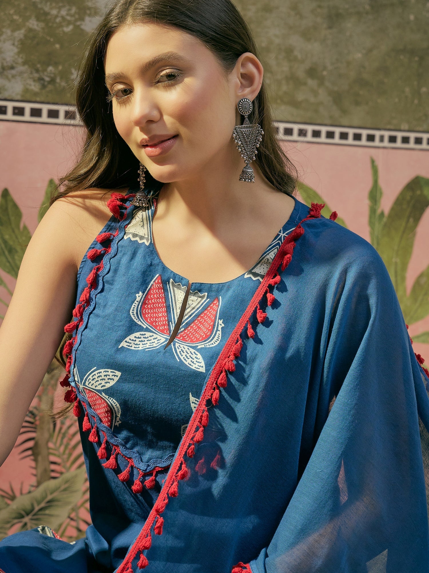 Women's Blue Solid Cotton Straight Kurti Salwar Dupatta Set