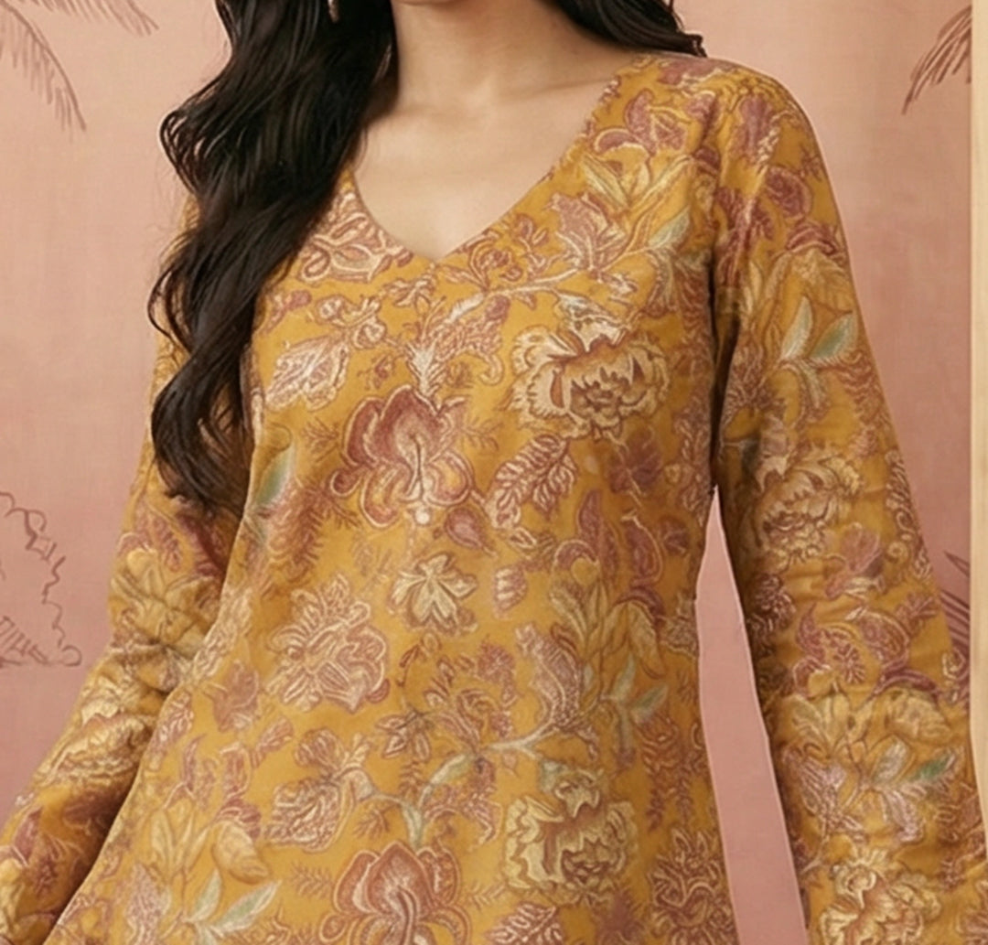 Women's Mustard Floral Printed Cotton Straight Top