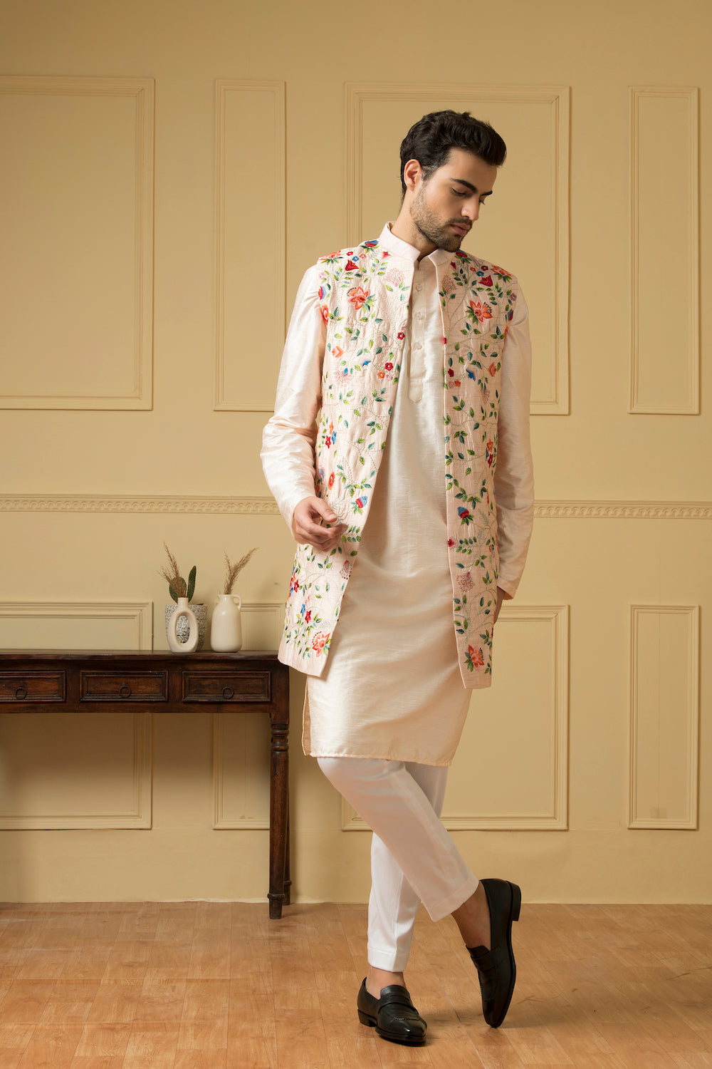 Men's Long Floral Embroidered Nehru Jacket Set