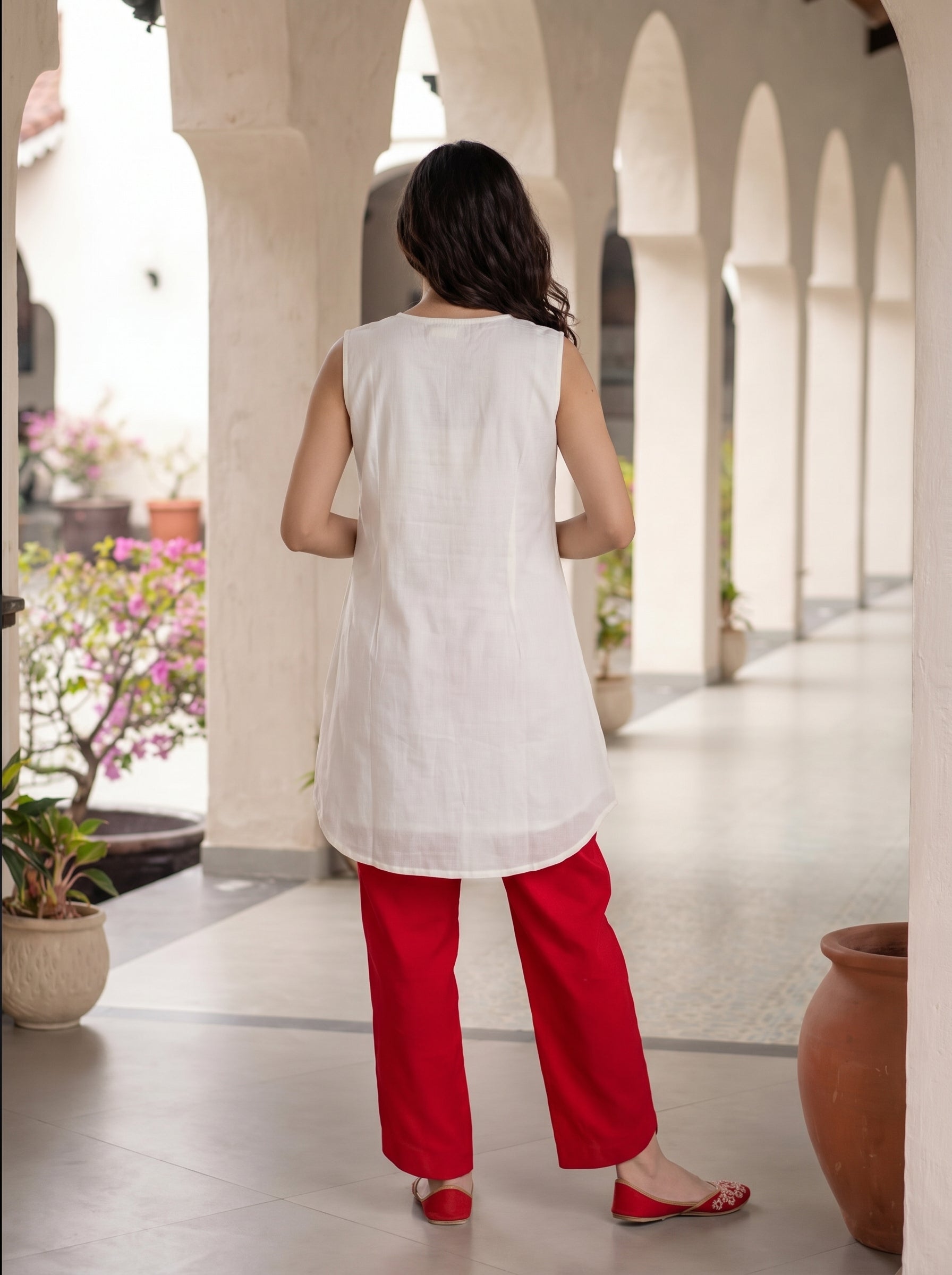 Women's White Roman Silk Floral Embroidered Kurti with Pant