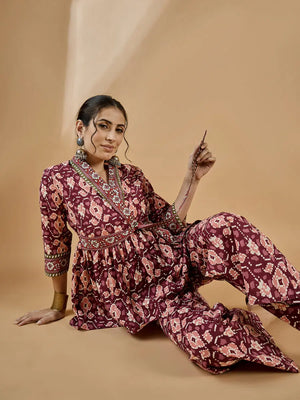 winered-women-rust-shawl-collar-waist-tie-up-co-ord-set