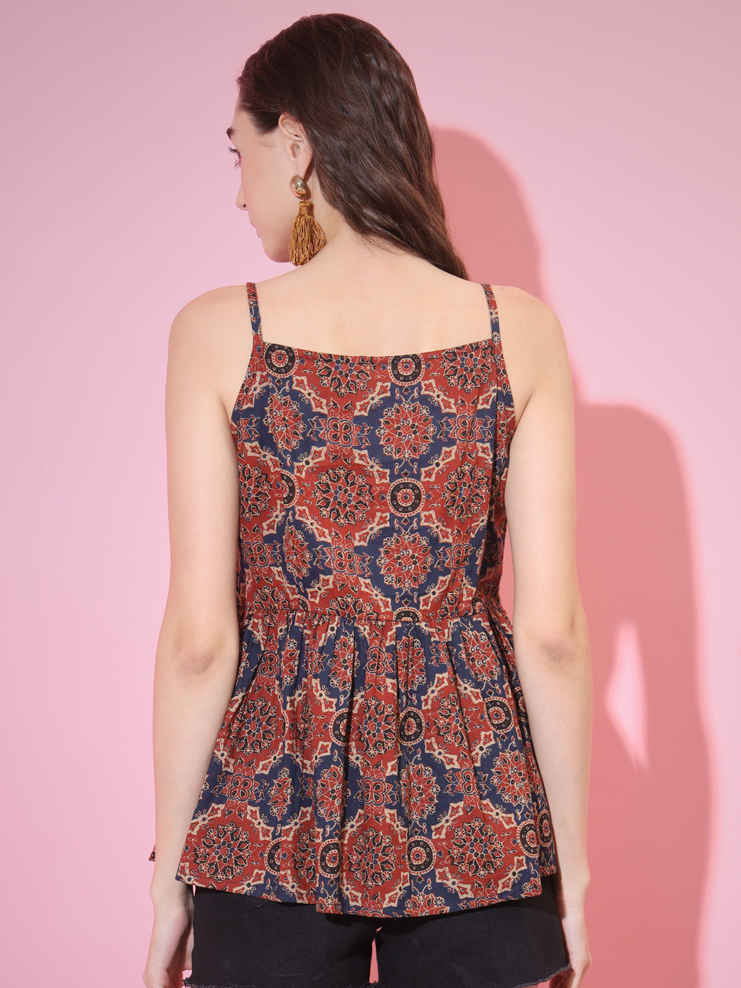Women's Rust Printed Sweetheart Neck Top