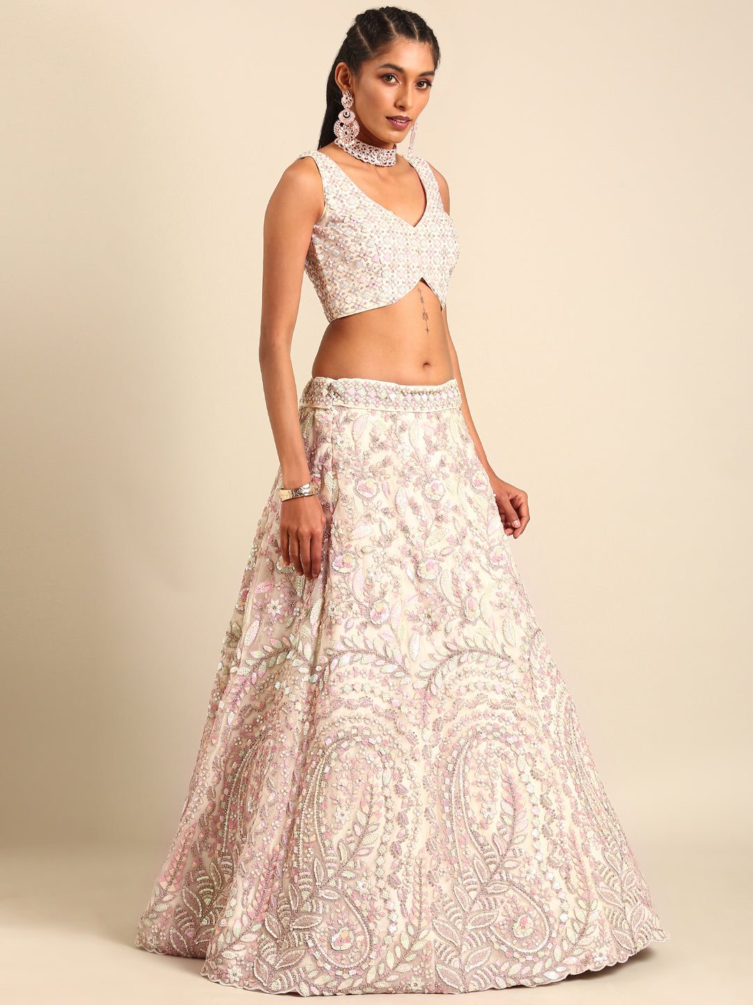 Women 's Cream Net Multi Sequins with heavy Zarkan embroidery Ready to Wear Lehenga choli & Dupatta