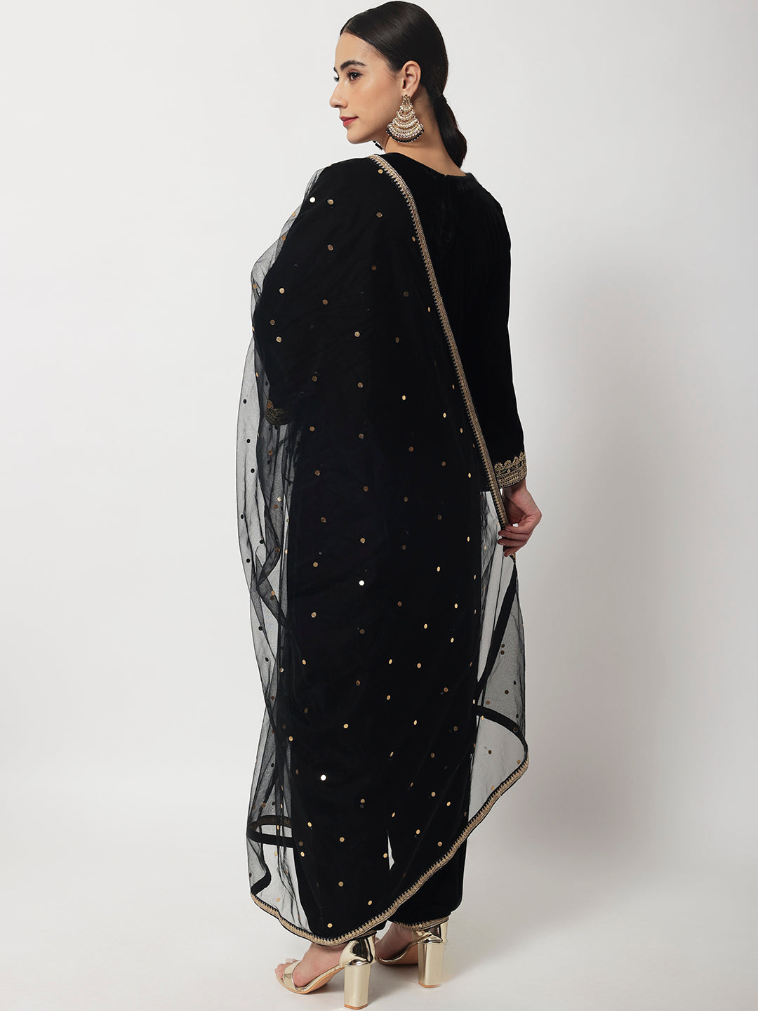 Women's Black Jewel Embroidered Velvet Kurti With Salwar And Net Dupatta