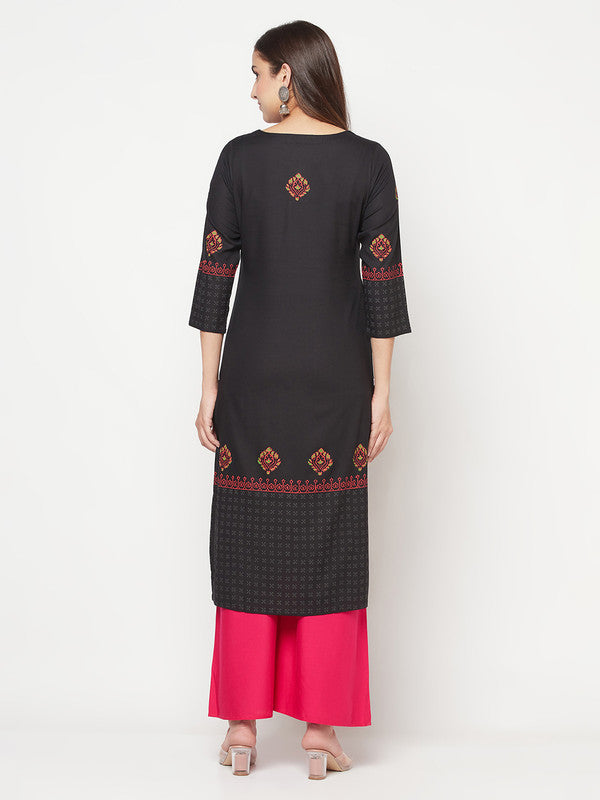 Women's Rayon Block print straight kurta,Bla