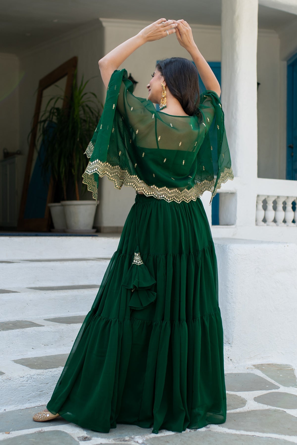 Women's Bottle Green Cape Lehenga Choli
