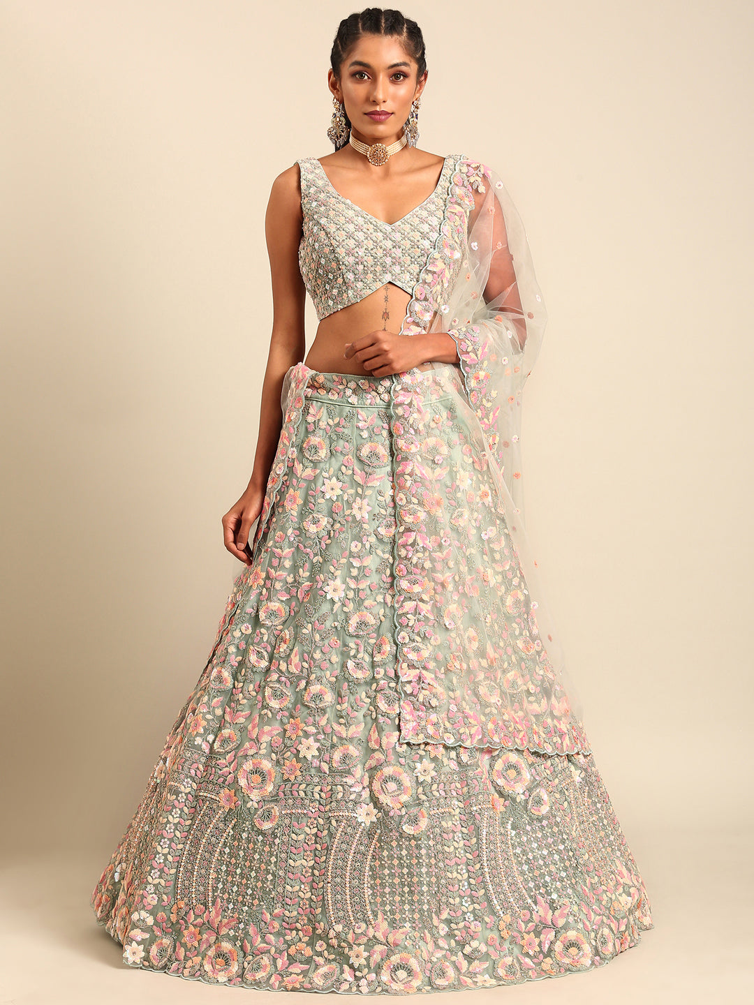 Women 's Sea green Net Multi Sequins with heavy Zarkan embroidery Ready to Wear Lehenga choli & Dupatta