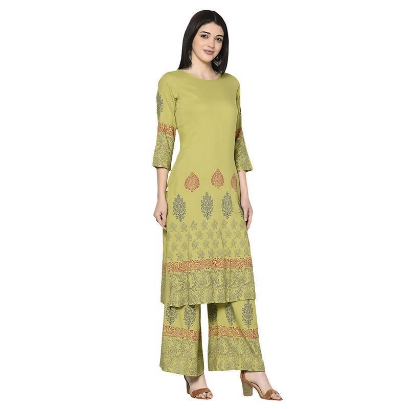 Women's Parrot Green Rayon Block print straight kurta