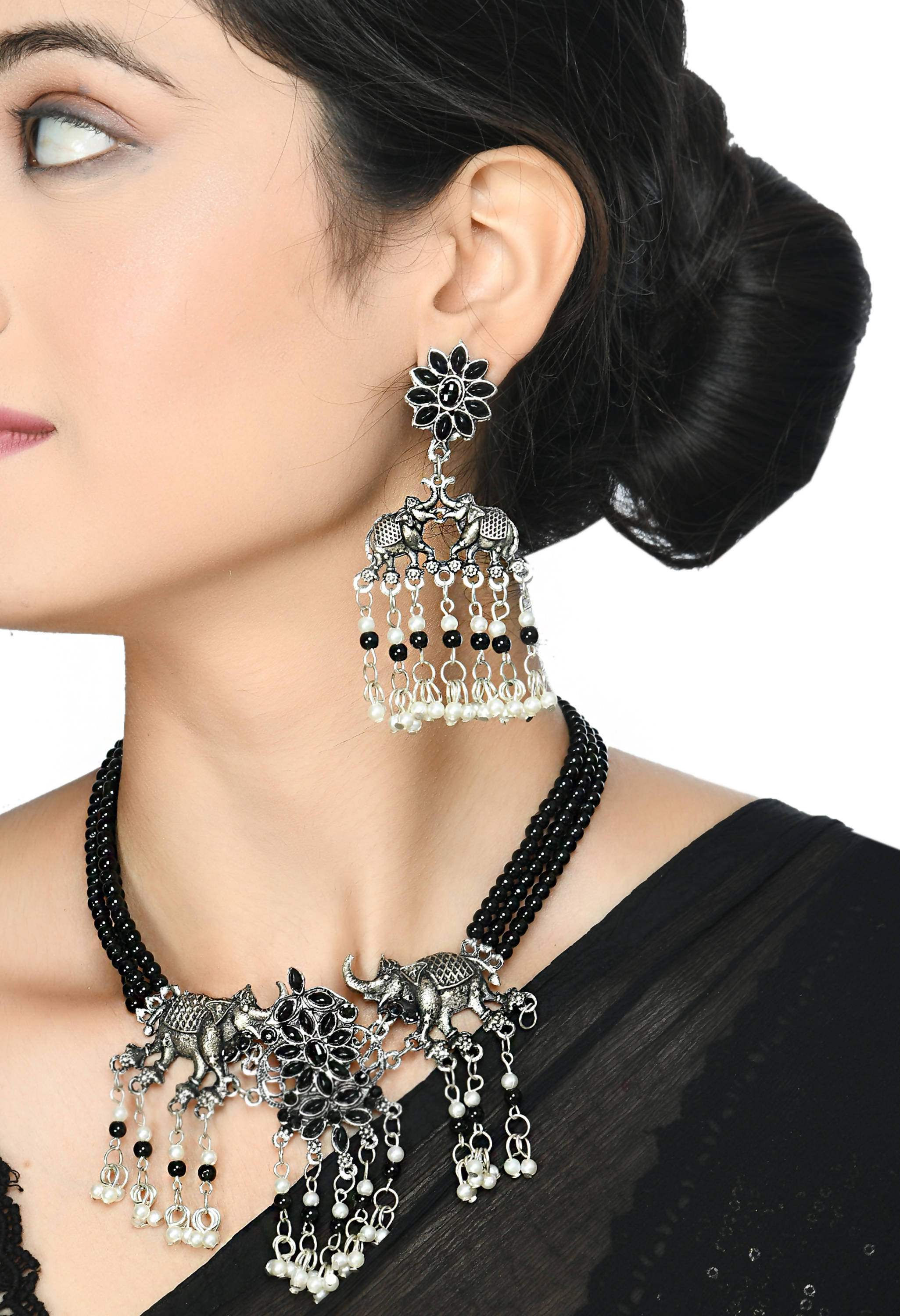 Trendia Silver-Plated Black Kundan Elephant design Necklac