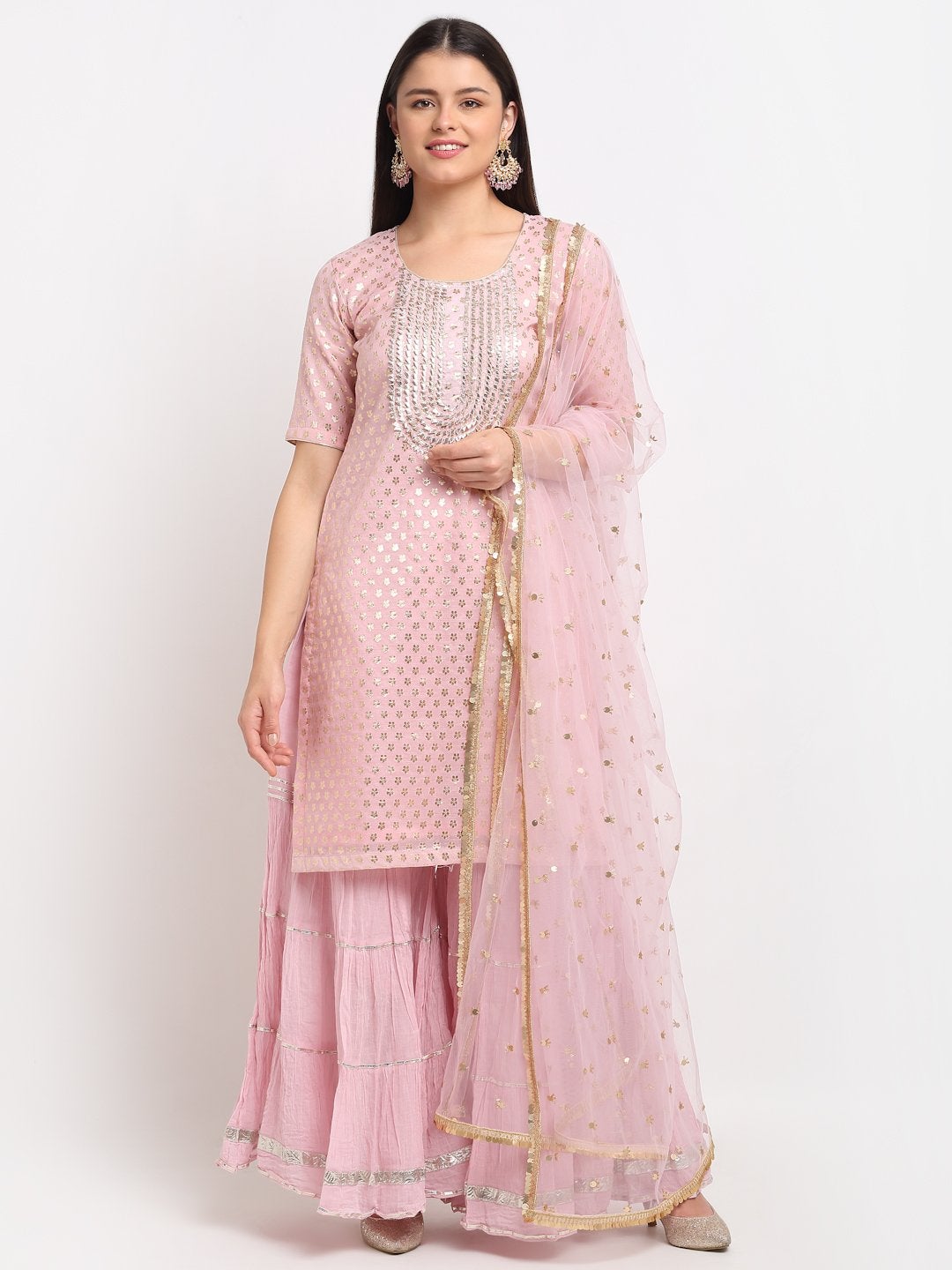 Women's Baby Pink Love Short Kurti With Crushed Sharara And Net Dupatta