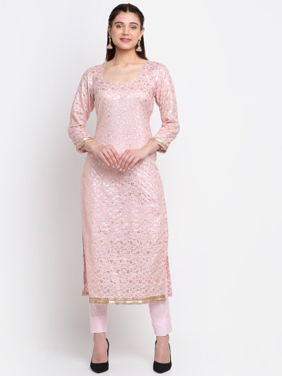 Women's Crystal Pink Chanderi Kurti With Straight Pants