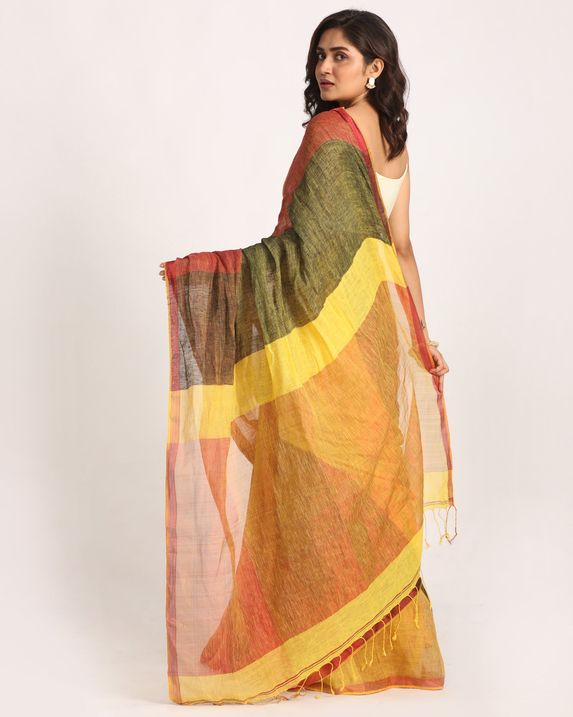 Women's Multicolour Traditional Handloom Check Linen Saree