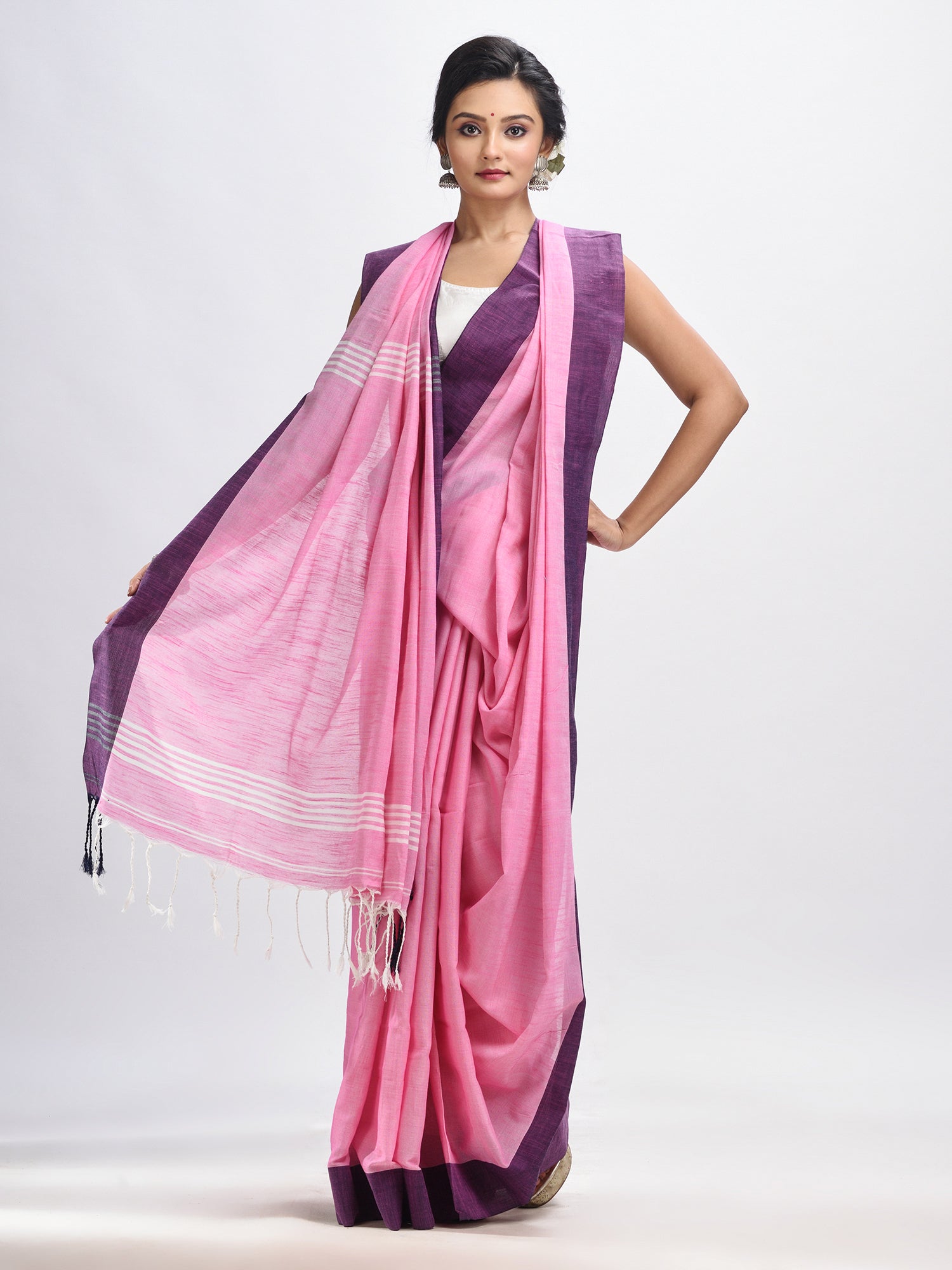 Women's Pink cotton solid body handloom saree