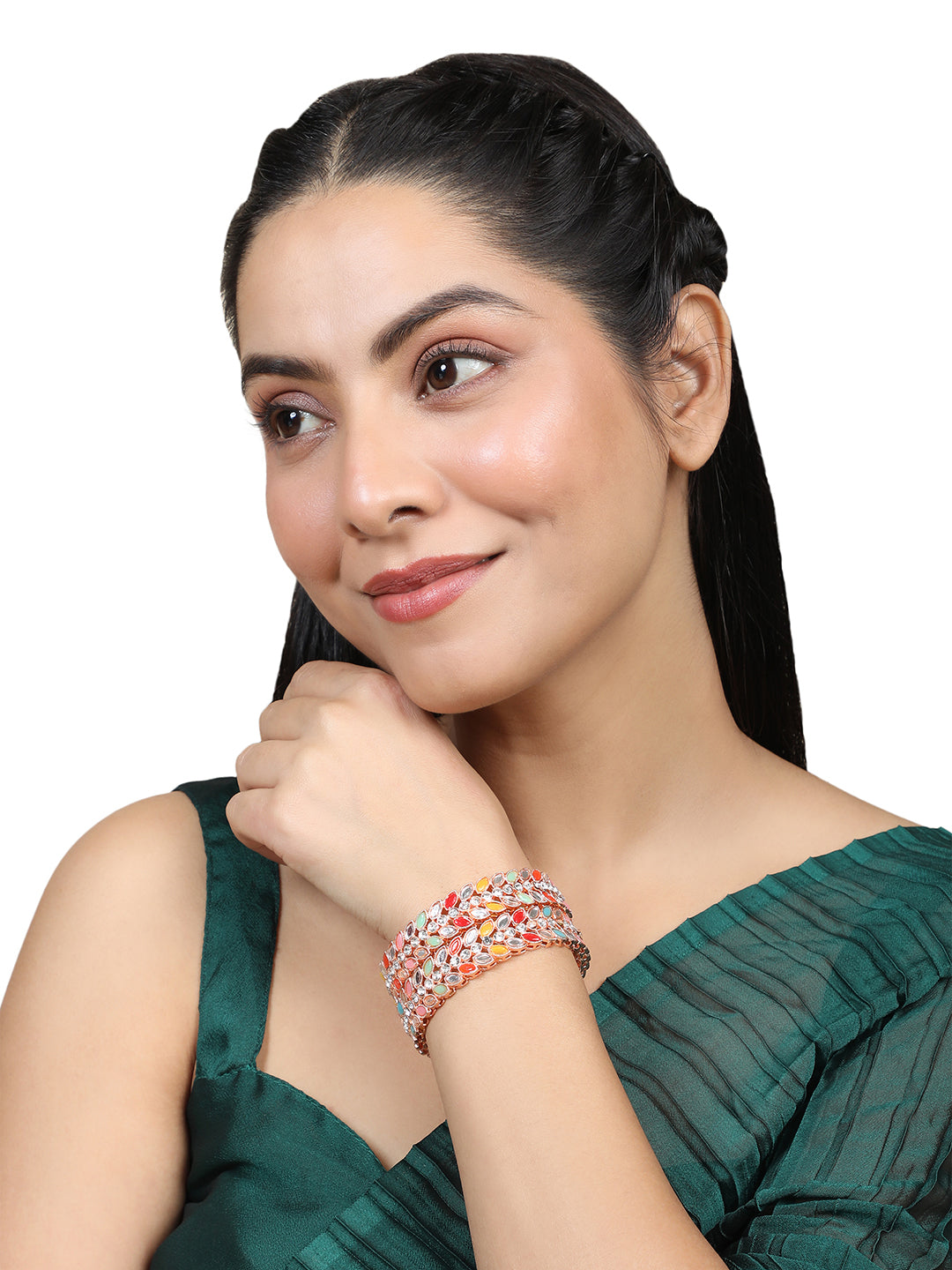 Women's/Girls Statement Rose Gold Plated Leaf Shaped Multicolor Stone Studded Bangle Set