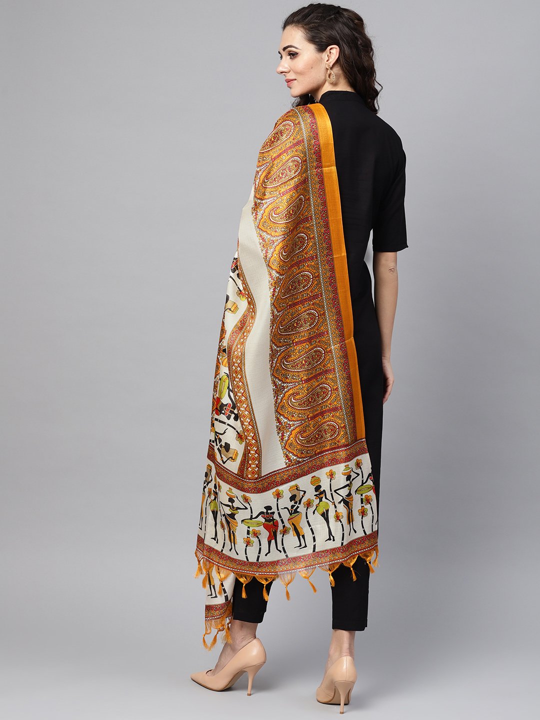 Women's Solid Black Kurta Set with Pants & Bhagalpuri Multi Colored Dupatta
