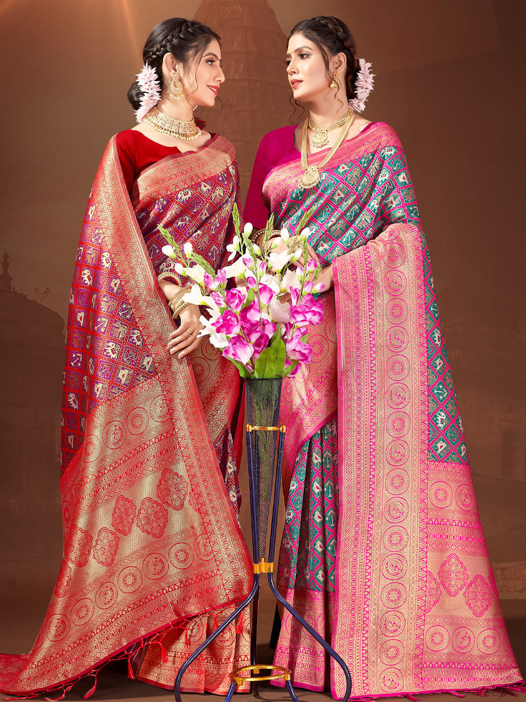 Women's Pink Patola Silk Woven Work Traditional Tassle Saree