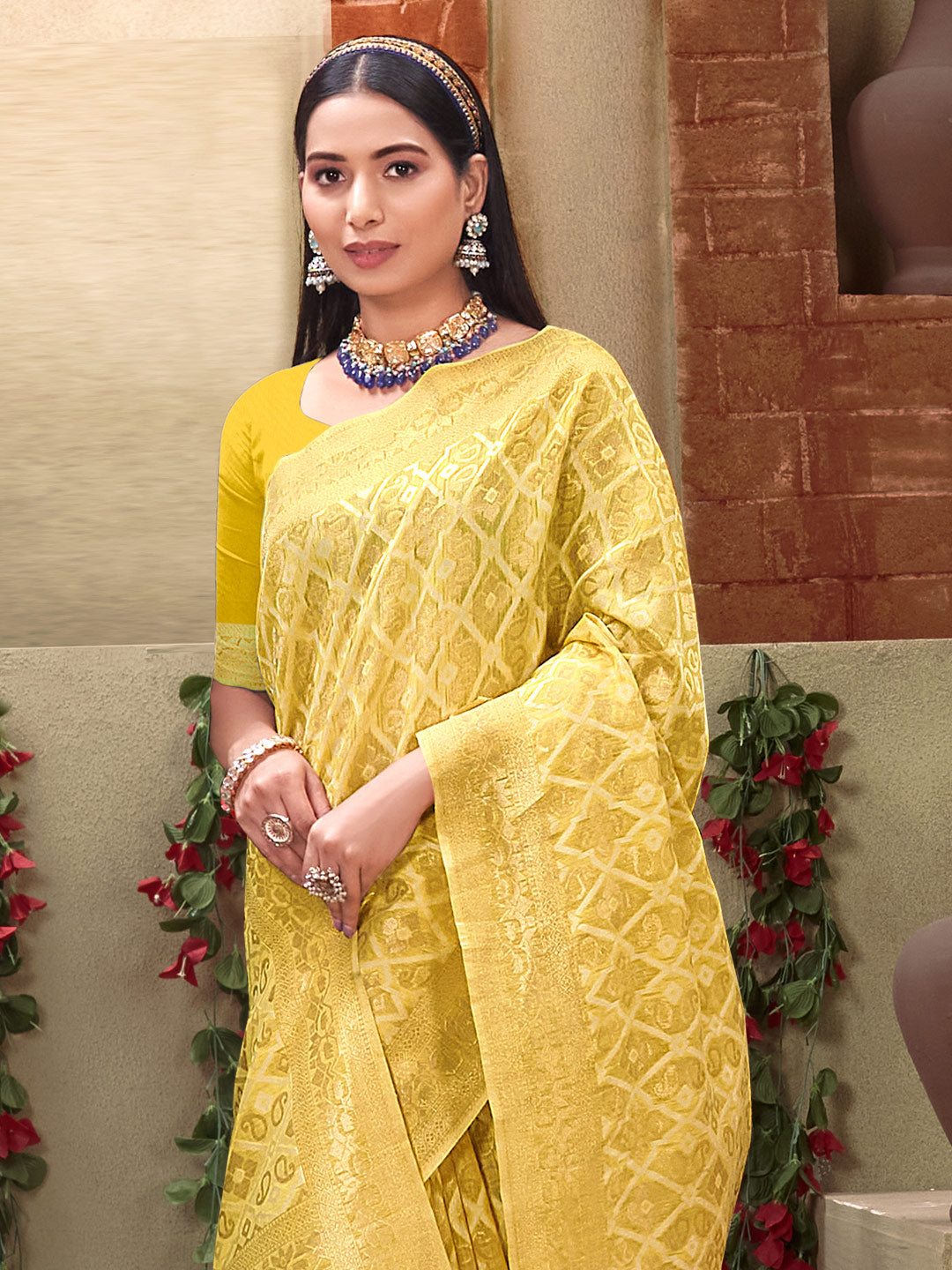 Women's Yellow Cotton Woven Work Traditional Tassle Saree