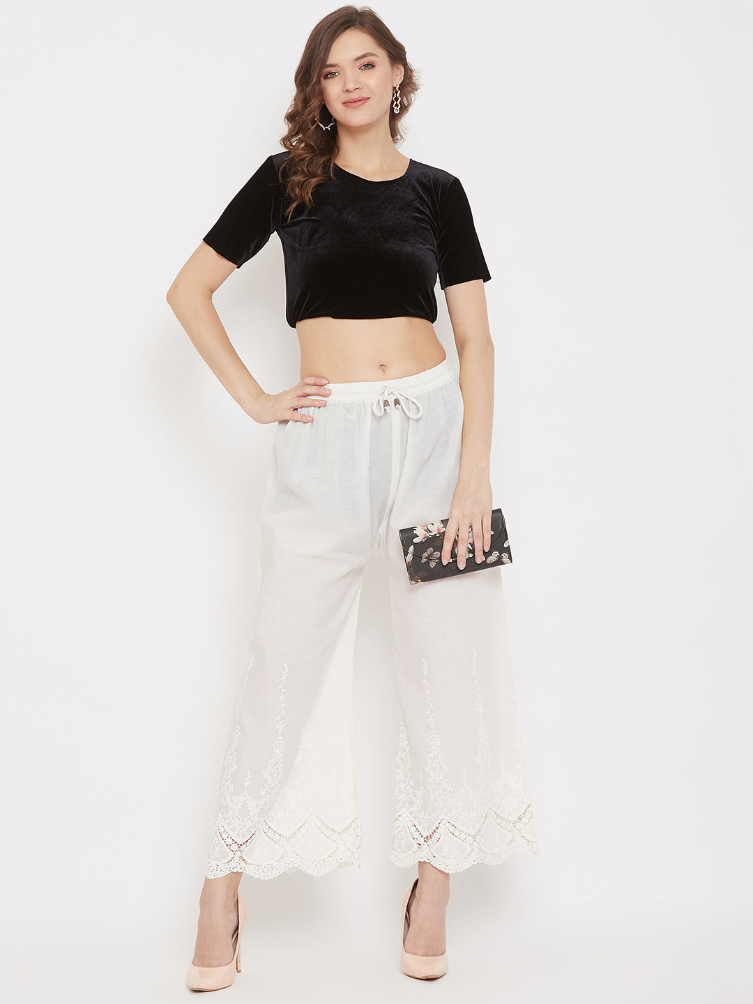 Women's Cream Straight Embroidered Palazzo