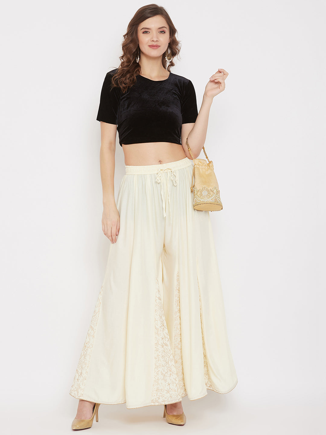 Women's Cream Printed Rayon Gharara