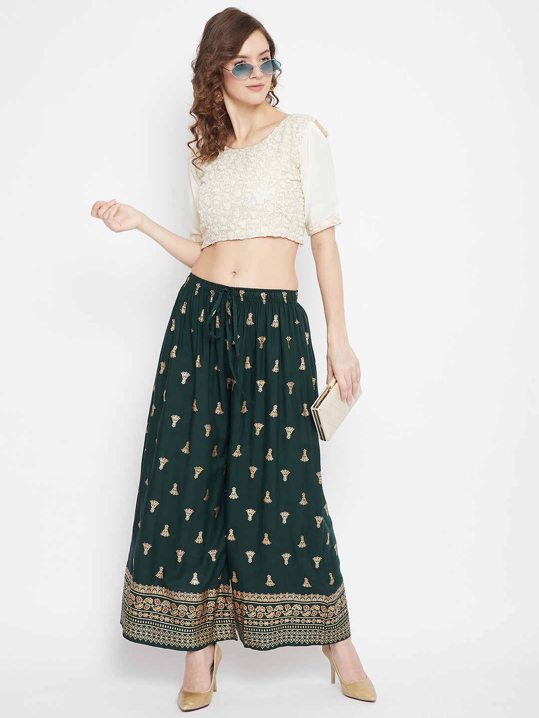 Women's Bottle Green Printed Flared Palazzo