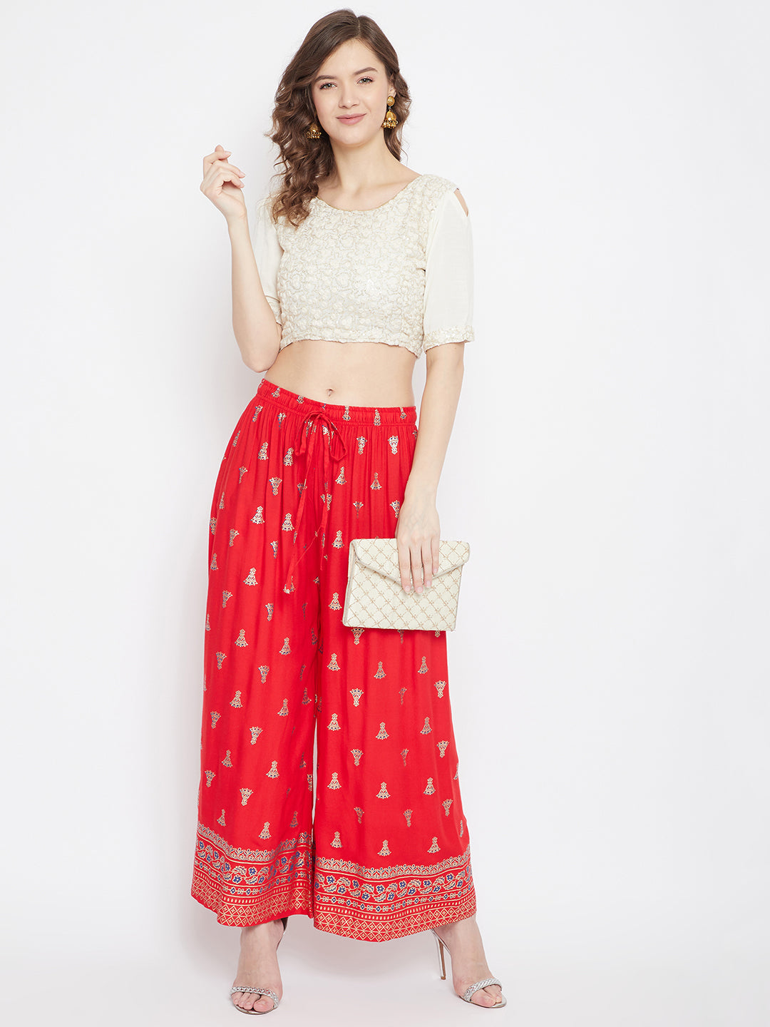 Women's Red Printed Flared Palazzo