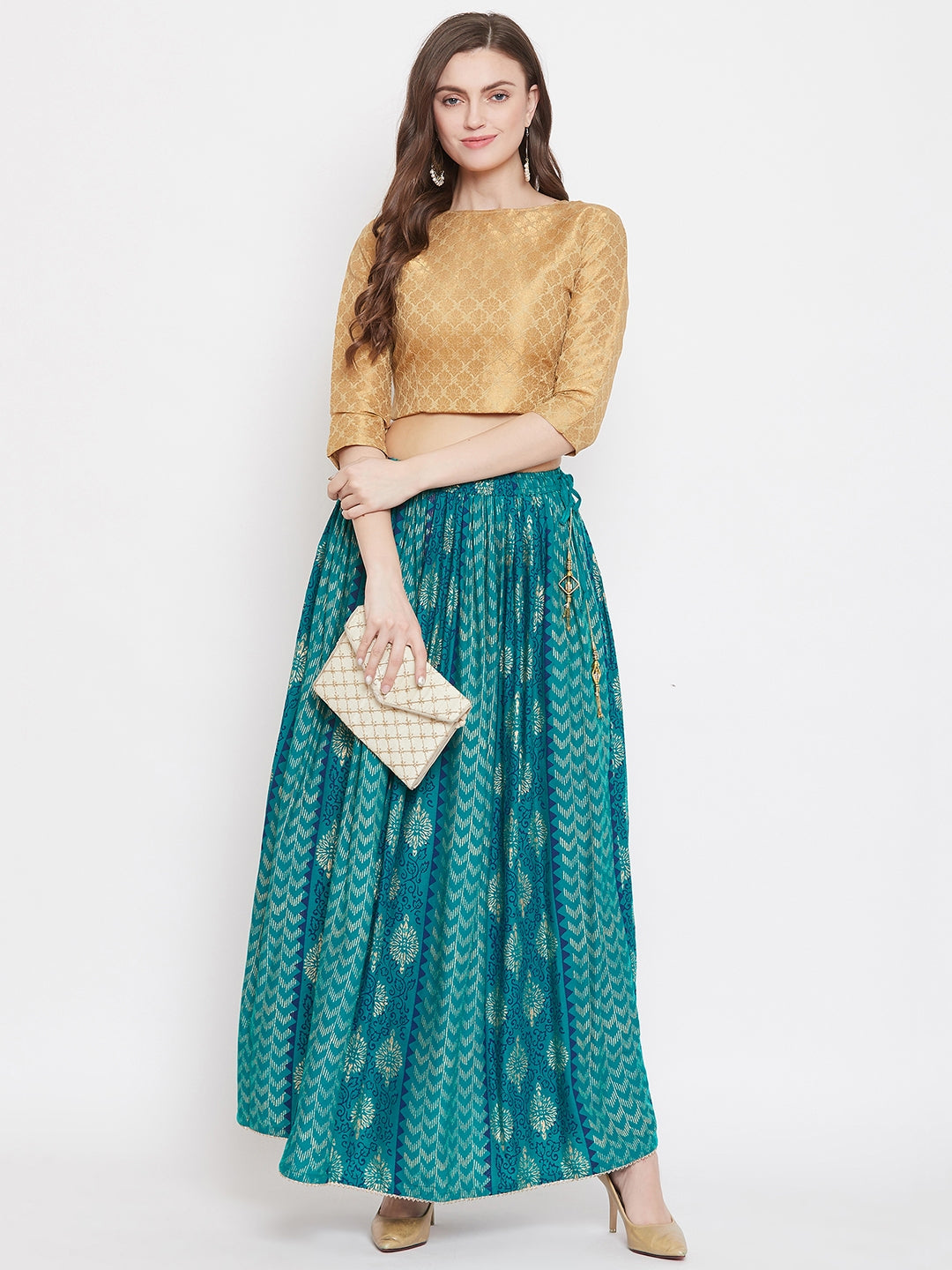 Women's Turquoise Printed Rayon Maxi Skirt