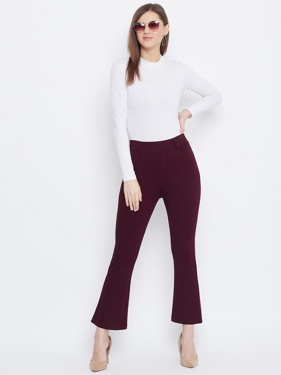 Women's Maroon Solid Bootcut Jeggings