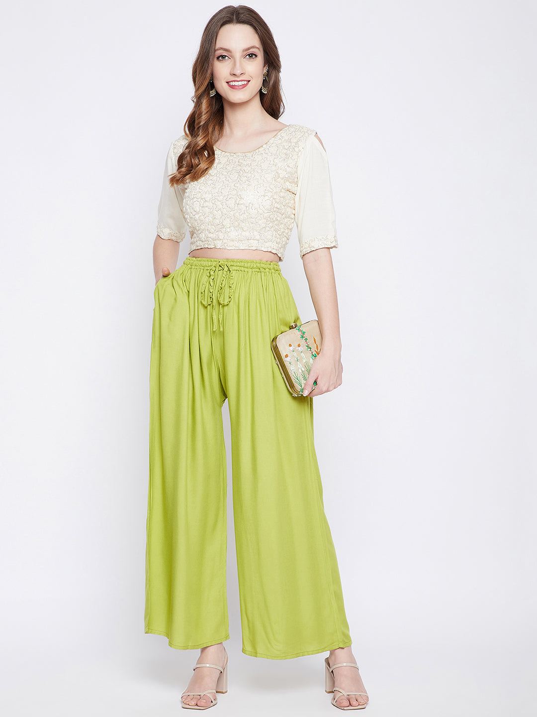 Women's Parrot Green Solid Rayon Sharara