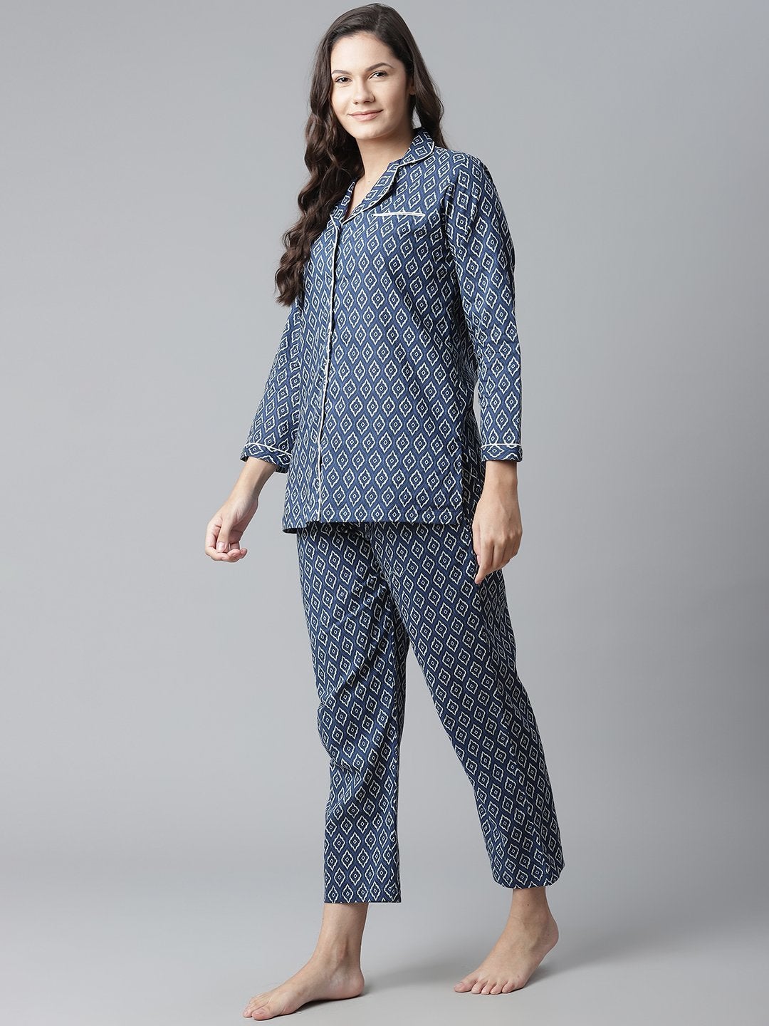 Women's Indigo Printed Cotton Nightsuit