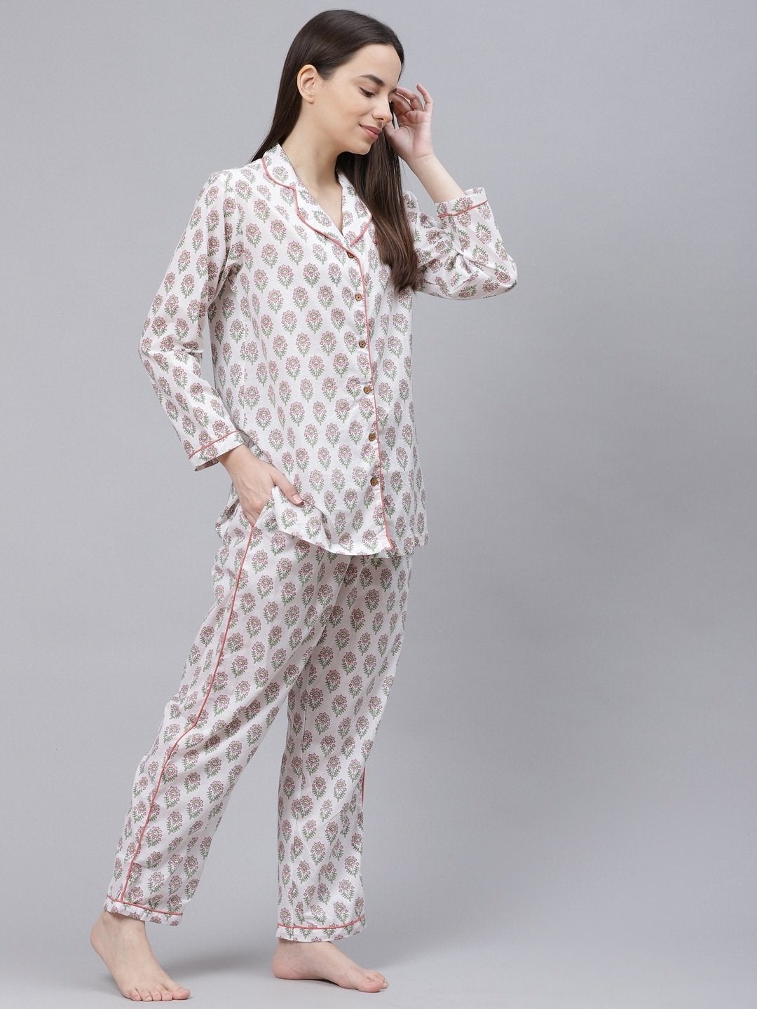 Women's White Printed Cotton Night Suit