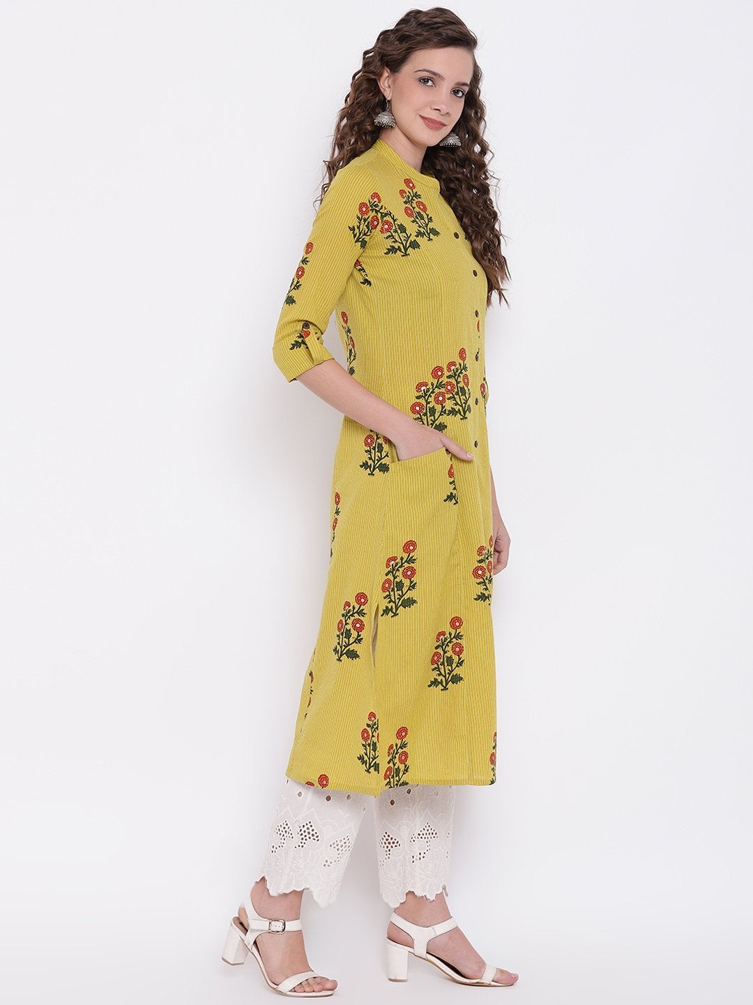 Women's Lemon Yellow Straight Cotton Kurta