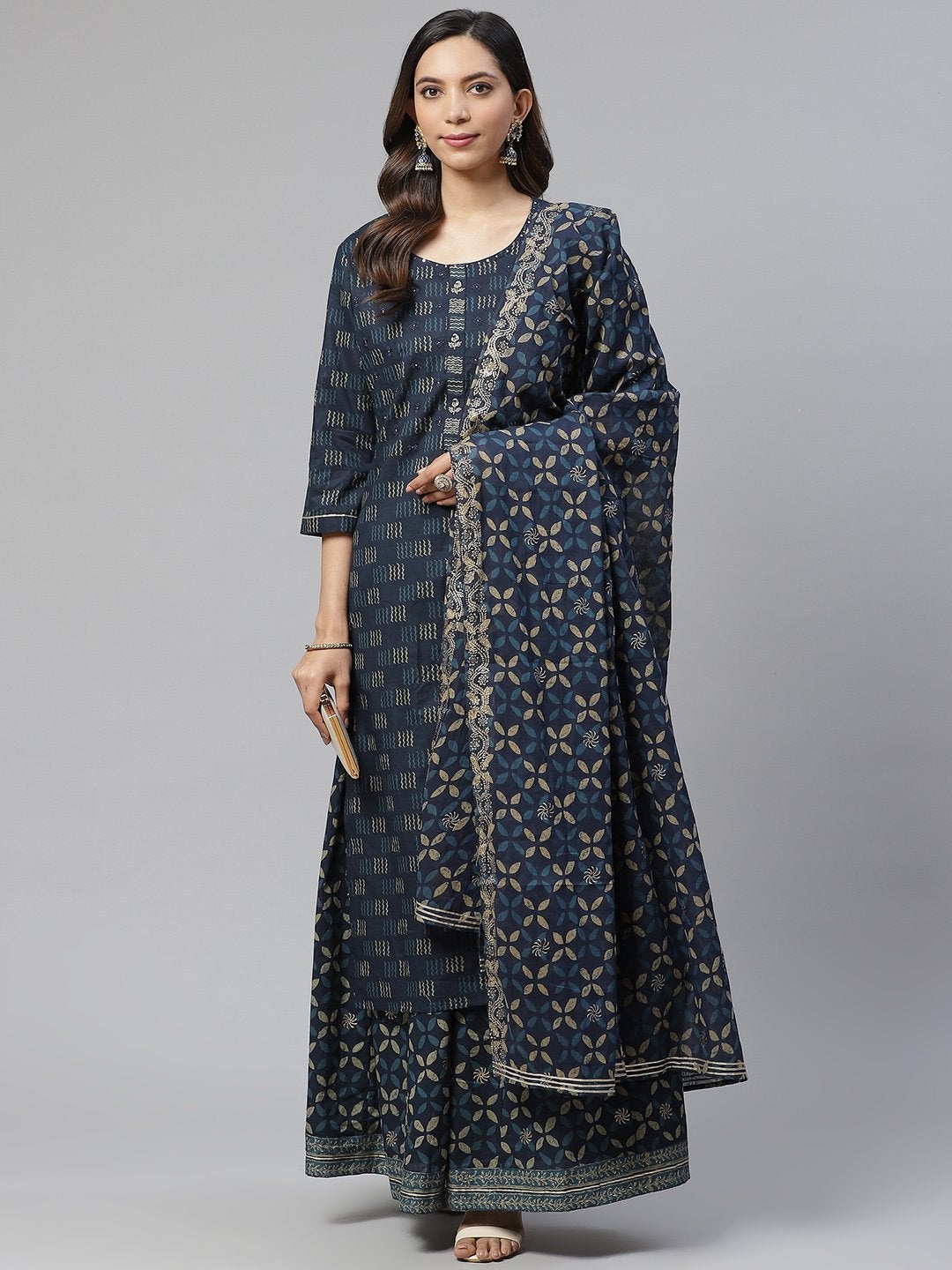 Women's Indigo Kurta Set With Palazzo And Dupatta