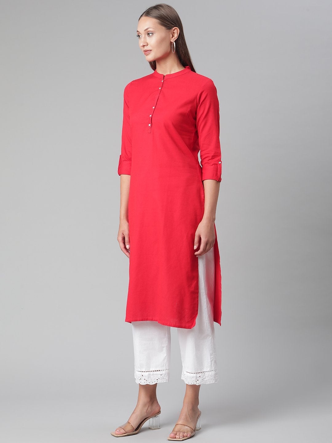 Women's Red Cotton Straight Kurti